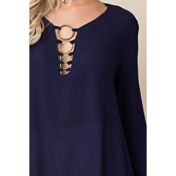 Women's Solid Bell Sleeve Top With Front Ring Detail Blouse Super Cute & Comfy - Picture 7 of 8